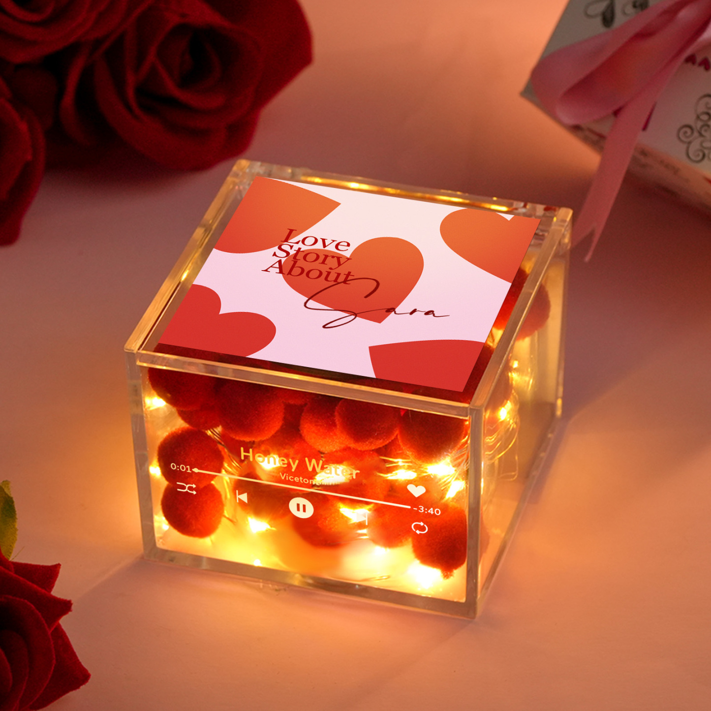 Valentine's Day Mini Vinyl Record Player with Custom Photo and Light Personalized Music Acrylic Box -