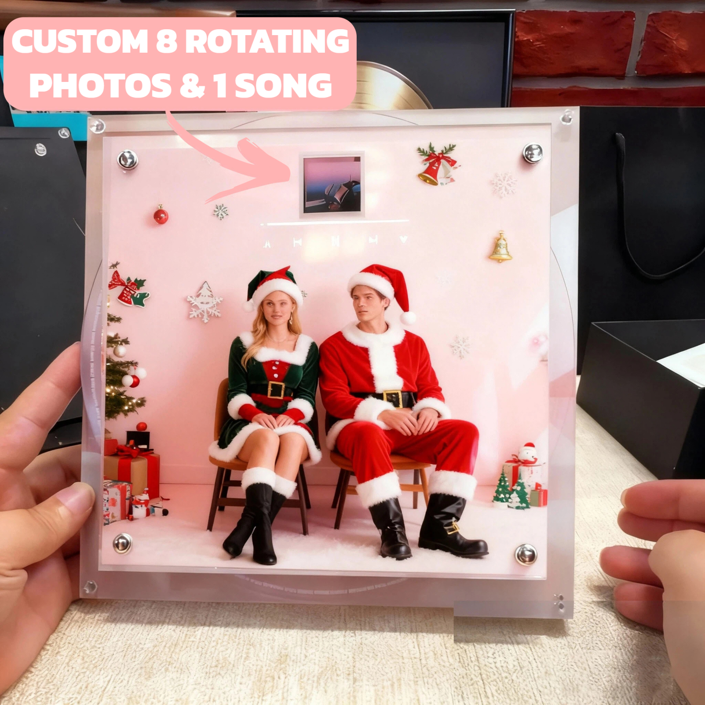 Christmas Personalized Music & Photo CD Ornament – 1 Song with 8 Rotating Photos, Custom Acrylic Plaque Gift for Couples, Friends & Family - 