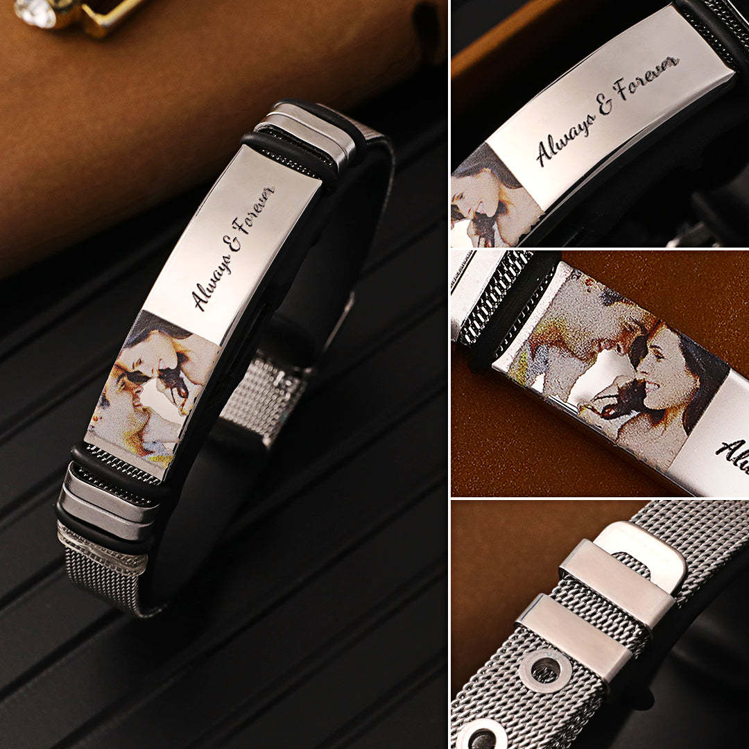 Gift For Him Custom Photo Bracelet Engraved Stainless Steel Bracelet - 