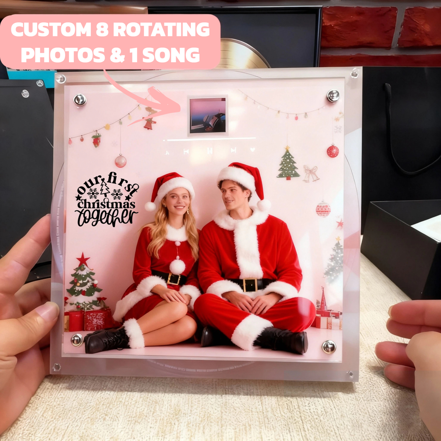 Christmas Personalized Music & Photo CD Ornament – 1 Song with 8 Rotating Photos, Custom Acrylic Plaque Gift for Couples, Friends & Family - 