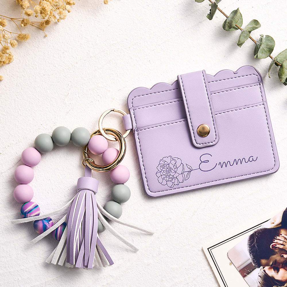 Personalised Birth Flower Leather Wallet with Beaded Bracelet Wallet Gift for Her - myphotowalletau