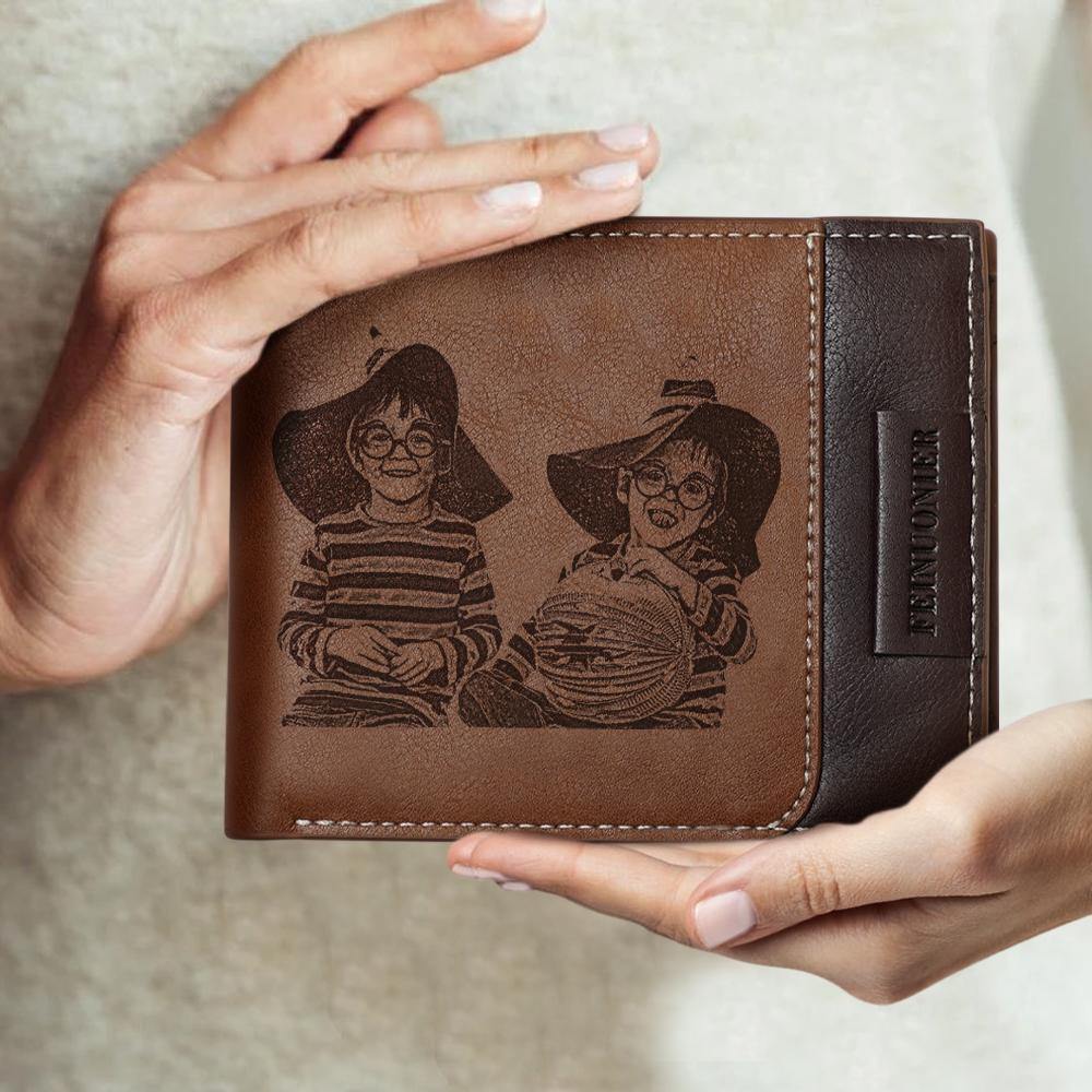 Men's Custom Photo Engraved Wallet RFID Blocking Wallet Brown - MyPhotoWalletAU