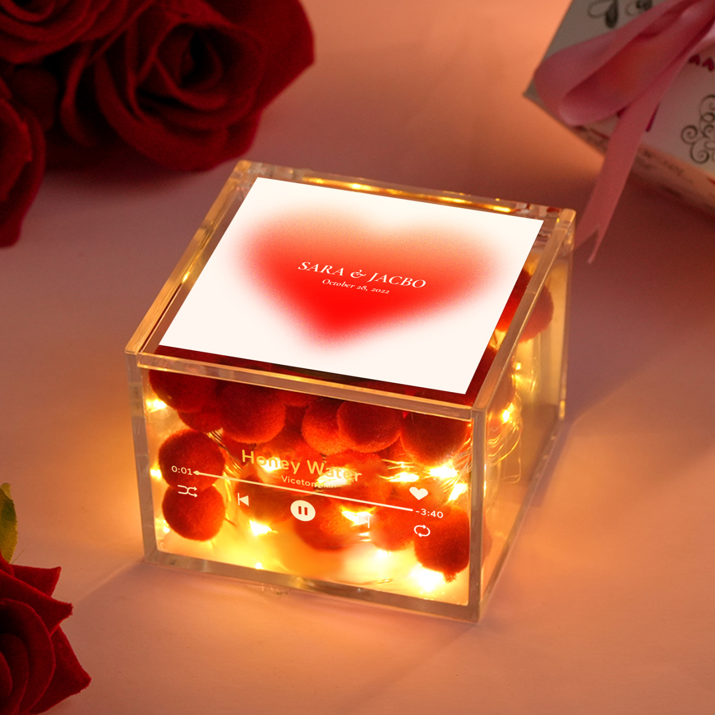 Valentine's Day Mini Vinyl Record Player with Custom Photo and Light Personalized Music Acrylic Box -
