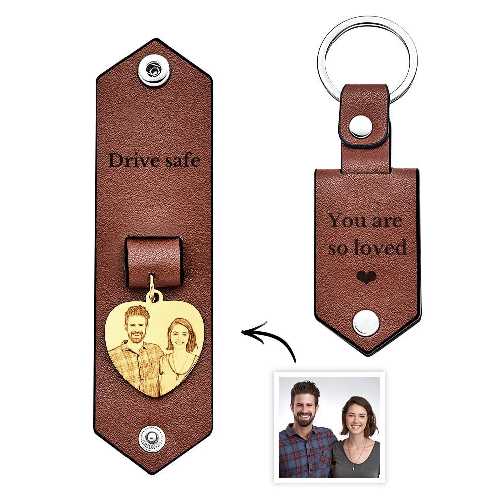 Custom Heart Shaped Photo Leather Keychain With Text Annivesary Gifts For Men - myphotowalletau