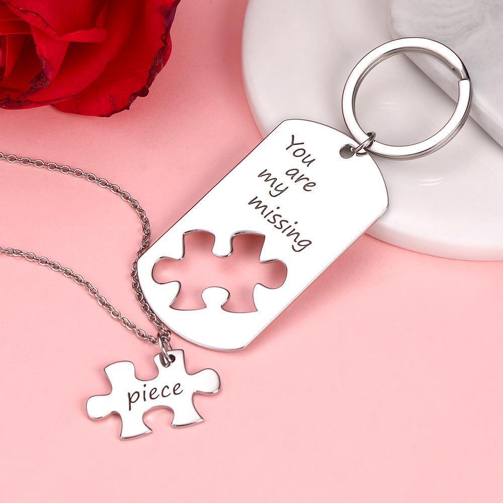 Custom Engraved Couple Keychain and Necklace Set - Puzzle Dog Tag - MyPhotoWalletAU