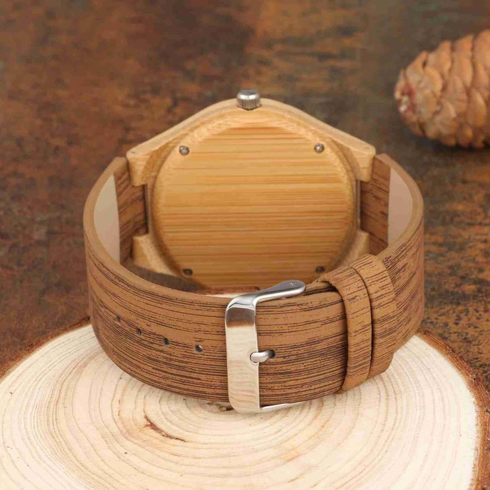 Men's Engraved Bamboo Photo Watch Wooden Leather Strap 45mm - photowatch
