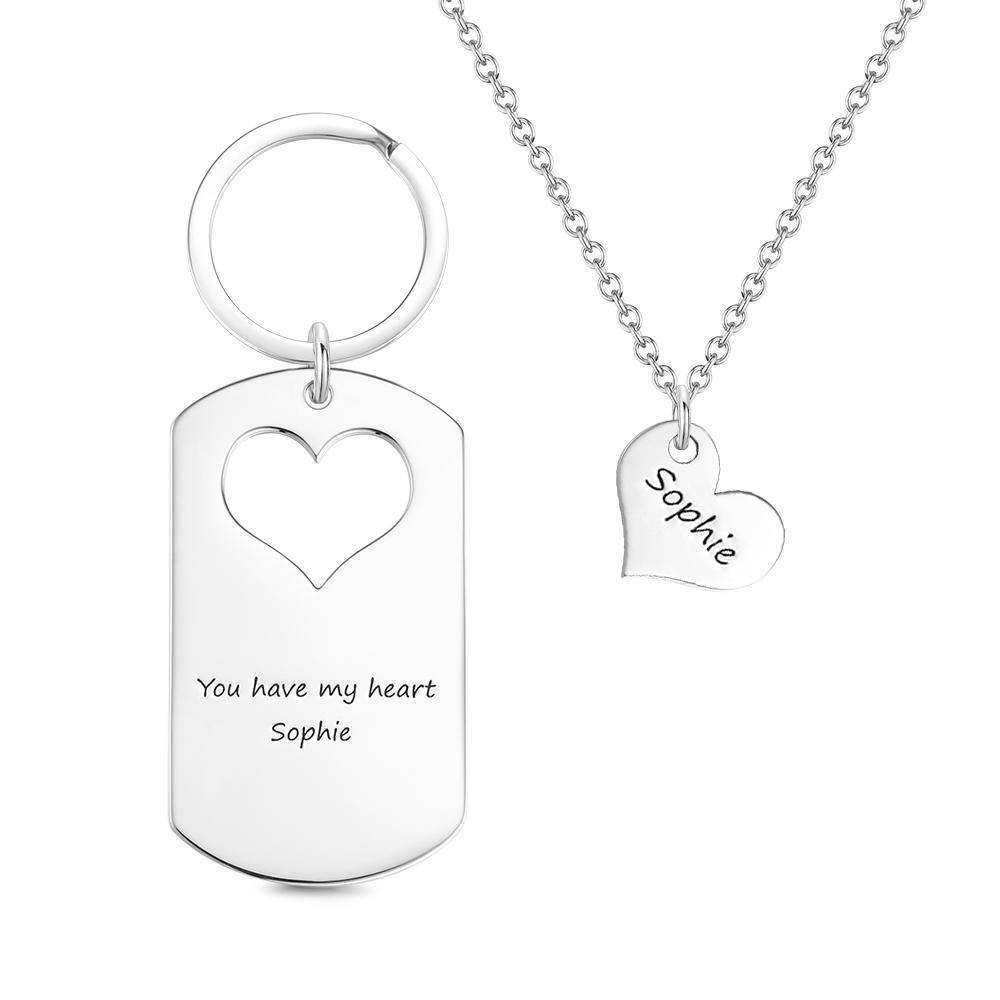 Custom Engraved Couple Keychain and Necklace Set - Heart Dog Tag - MyPhotoWalletAU
