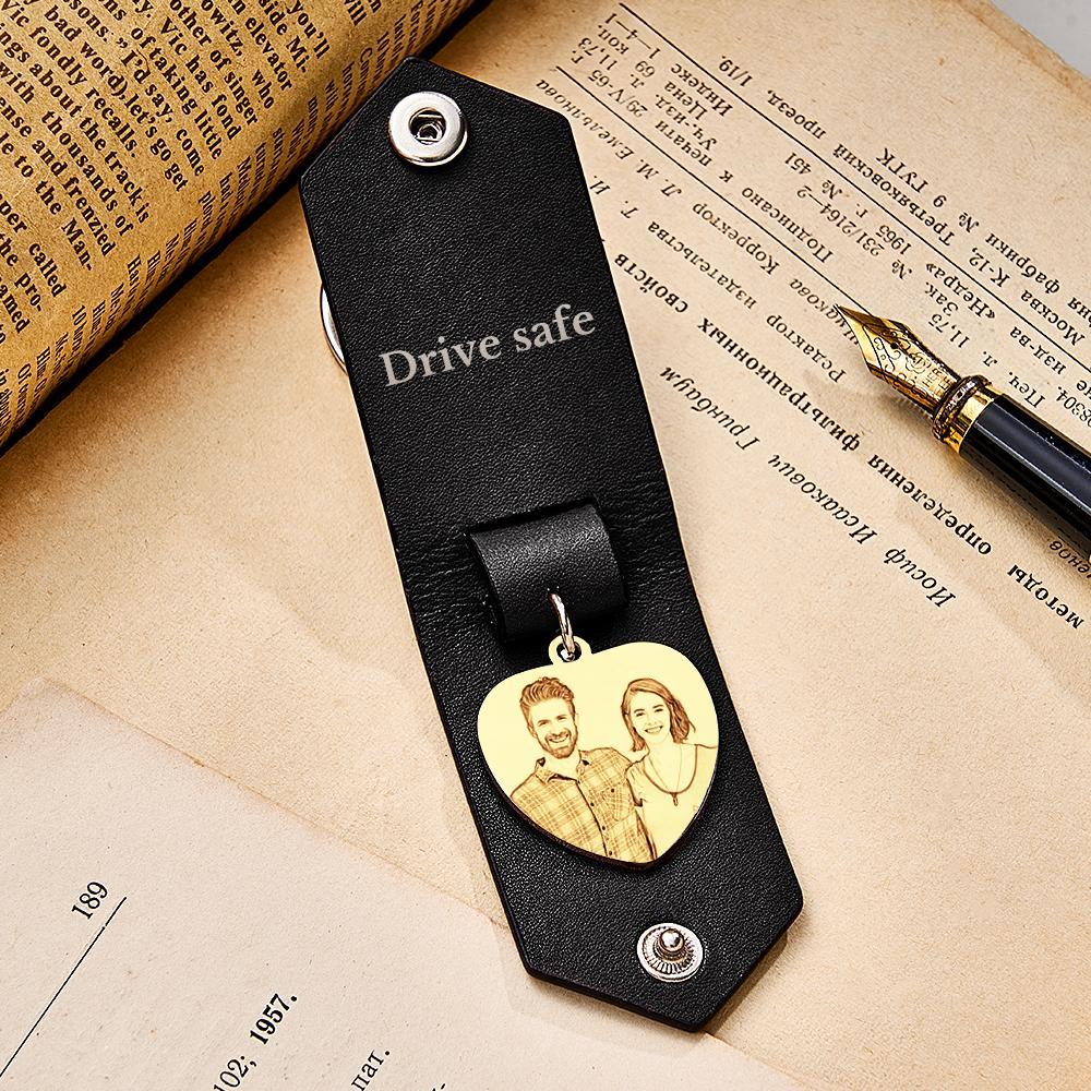 Custom Heart Shaped Photo Leather Keychain With Text Annivesary Gifts For Men - myphotowalletau