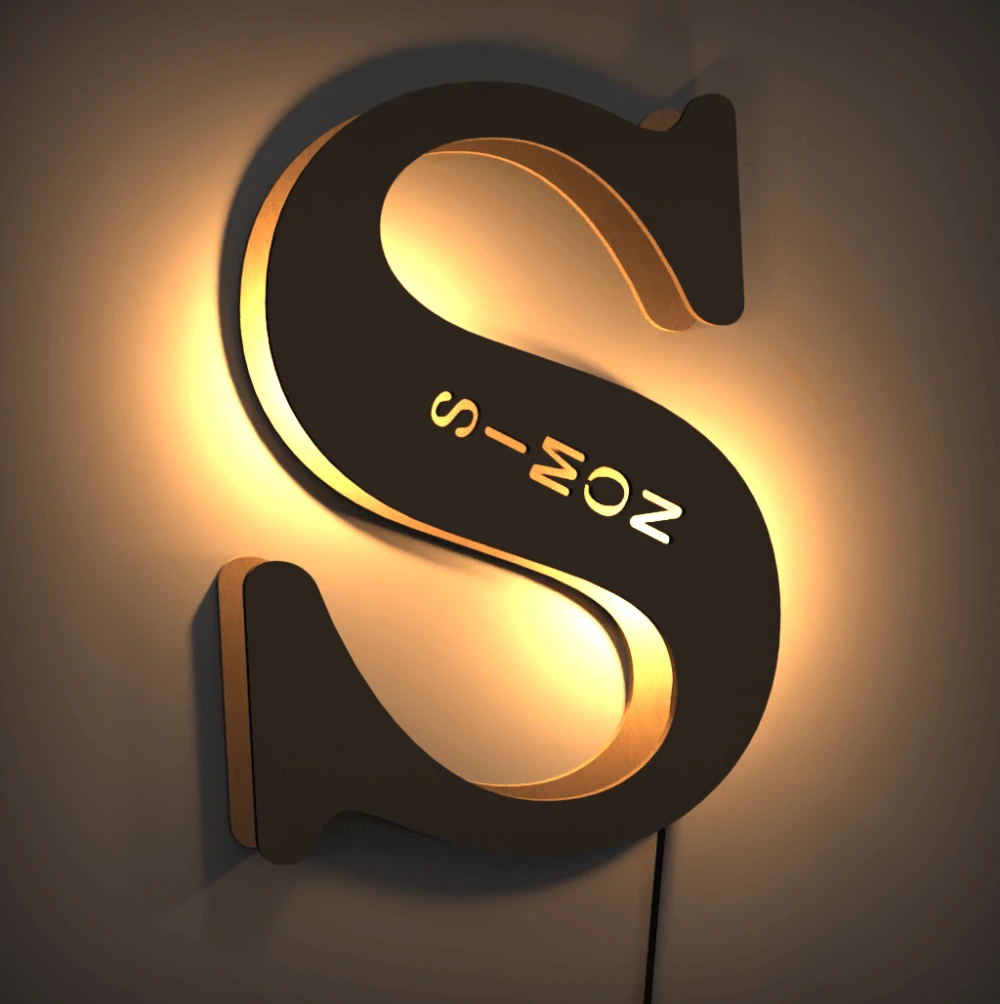 Custom Woodcut Alphabet Wall Light Night Light - MyPhotoWalletAU