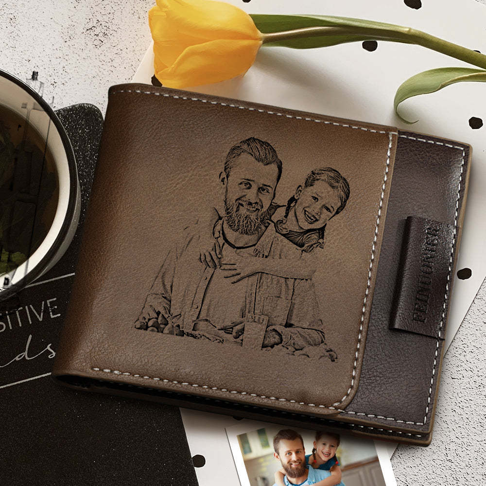 Father's Day Gifts - Men's Custom Photo Engraved Wallet RFID Blocking Wallet Brown