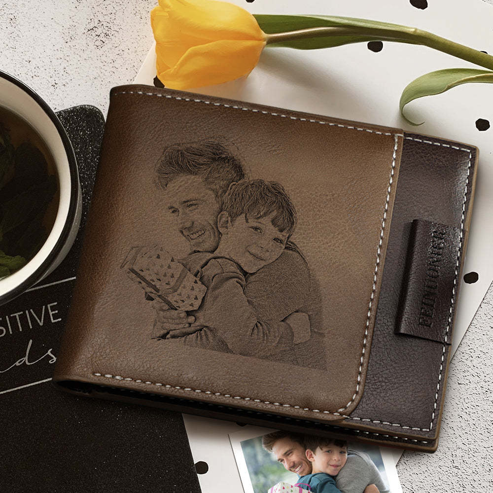 Father's Day Gifts - Men's Custom Photo Engraved Wallet RFID Blocking Wallet Brown