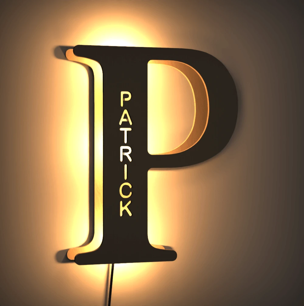 Custom Woodcut Alphabet Wall Light Night Light - MyPhotoWalletAU
