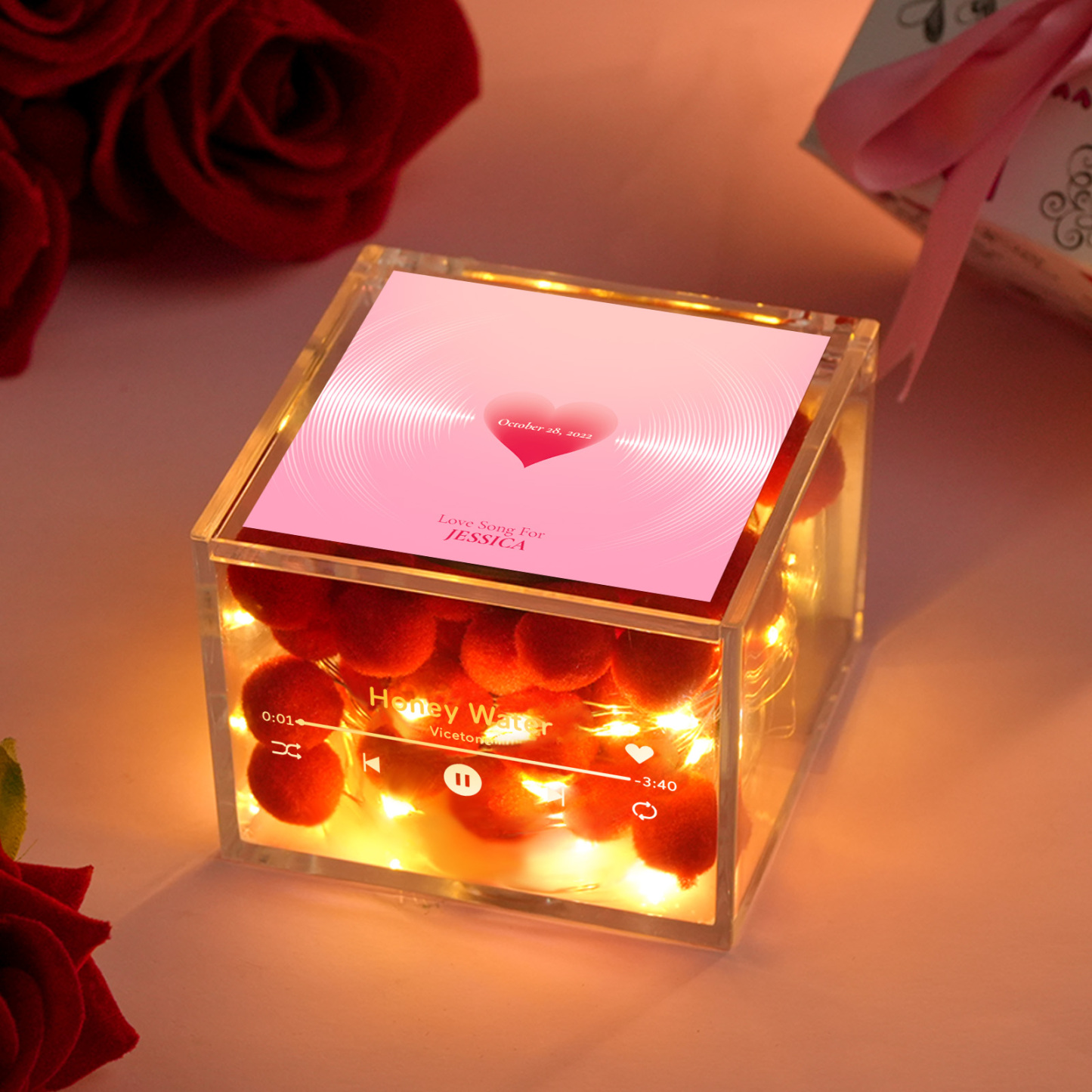 Valentine's Day Mini Vinyl Record Player with Custom Photo and Light Personalized Music Acrylic Box -