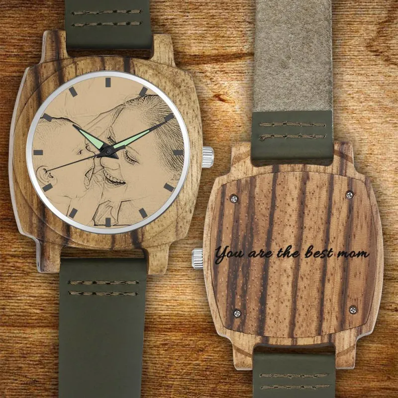 Men's Engraved Bamboo Photo Watch Dark Green Leather Strap 45mm - photowatch