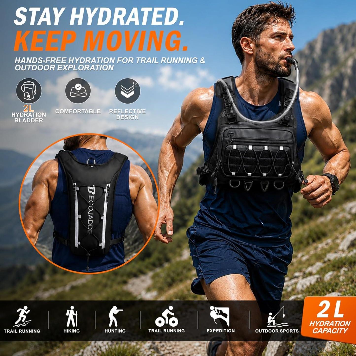 Running Vest for Men with 2L Water Bladder Tactical Hydration Backpack Adjustable Lightweight Chest Pack for Marathon Hunting Cycling