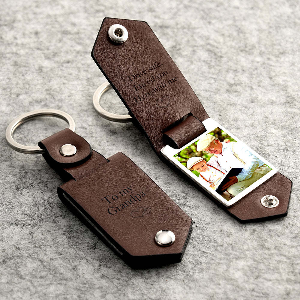 Drive Safe Keychain to My Forever Young Grandpa Custom Leather Photo Text Keychain with Engraved Text - myphotowalletau