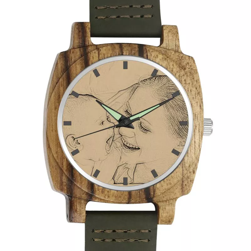 Men's Engraved Bamboo Photo Watch Dark Green Leather Strap 45mm - photowatch