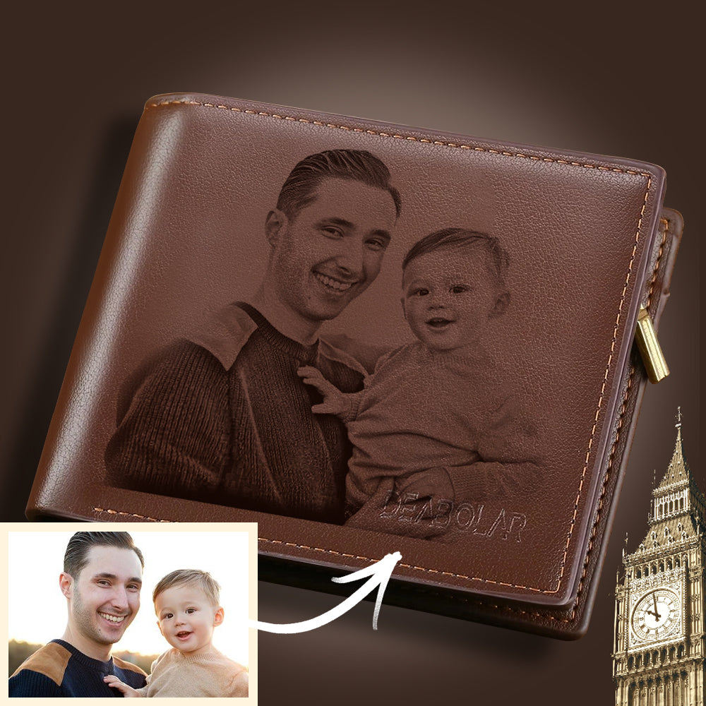 Gifts For Him Men's Custom Photo Engraved Wallet Brown | Gift For Best Dad
