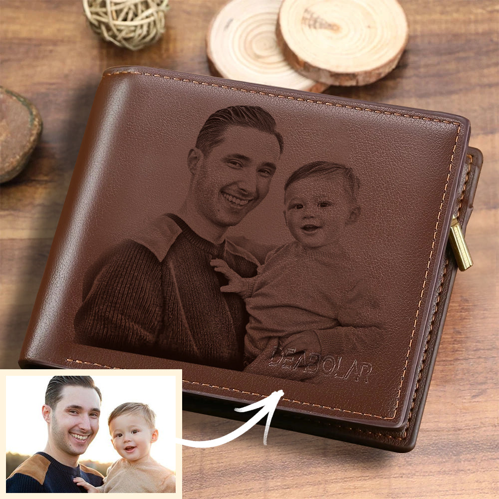 Gifts For Him Men's Custom Photo Engraved Wallet Brown | Gift For Best Dad