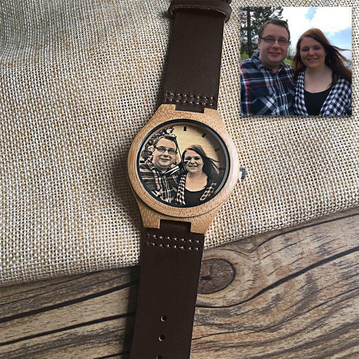 Custom Engraved Wooden Photo Watch Brown Cow Leather Strap - photowatch