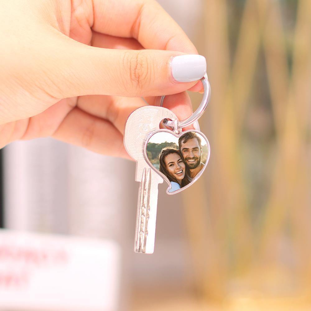 Engraved Heart Shape Custom Photo Key Chain Silver - MyPhotoWalletAU