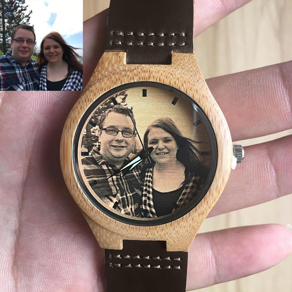 Custom Engraved Wooden Photo Watch Brown Cow Leather Strap - photowatch