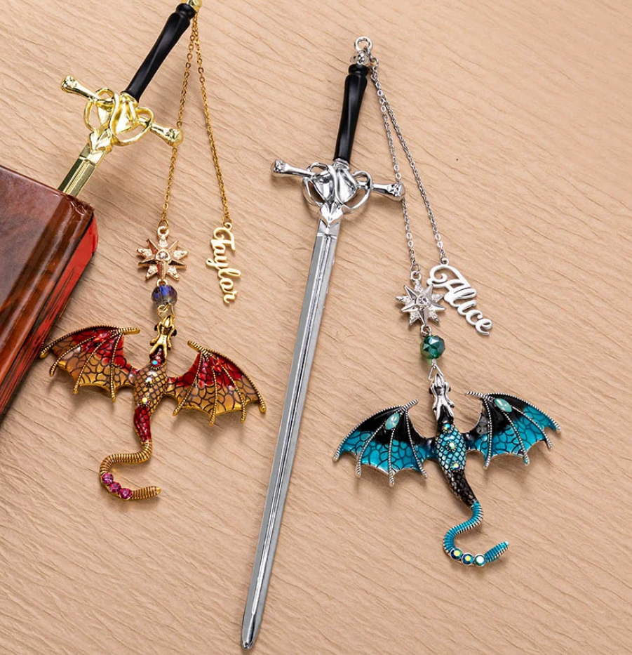 Personalized Dragon Sword Bookmark – Custom Name Fantasy Winged Dragon Metal Charm Gift for Book Lovers -