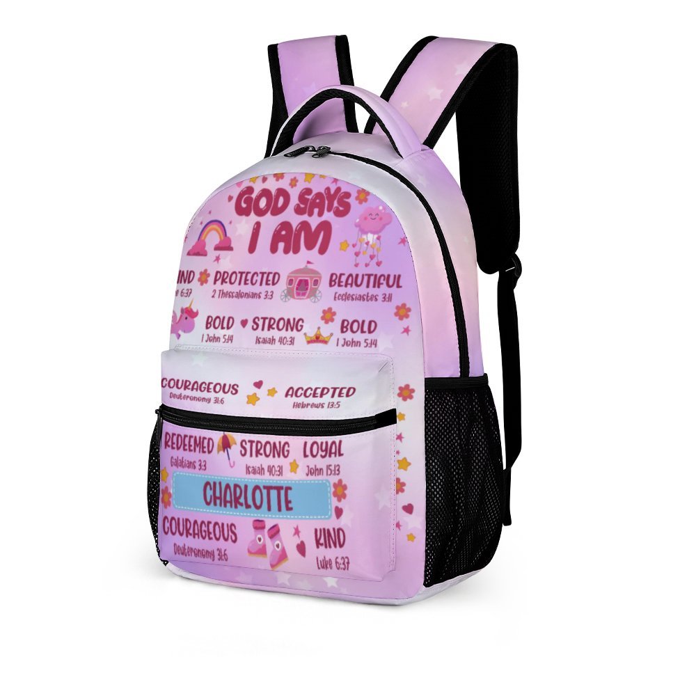 Personalized Back To School Name Backpack for Girls and Boys  God Says I Am - 