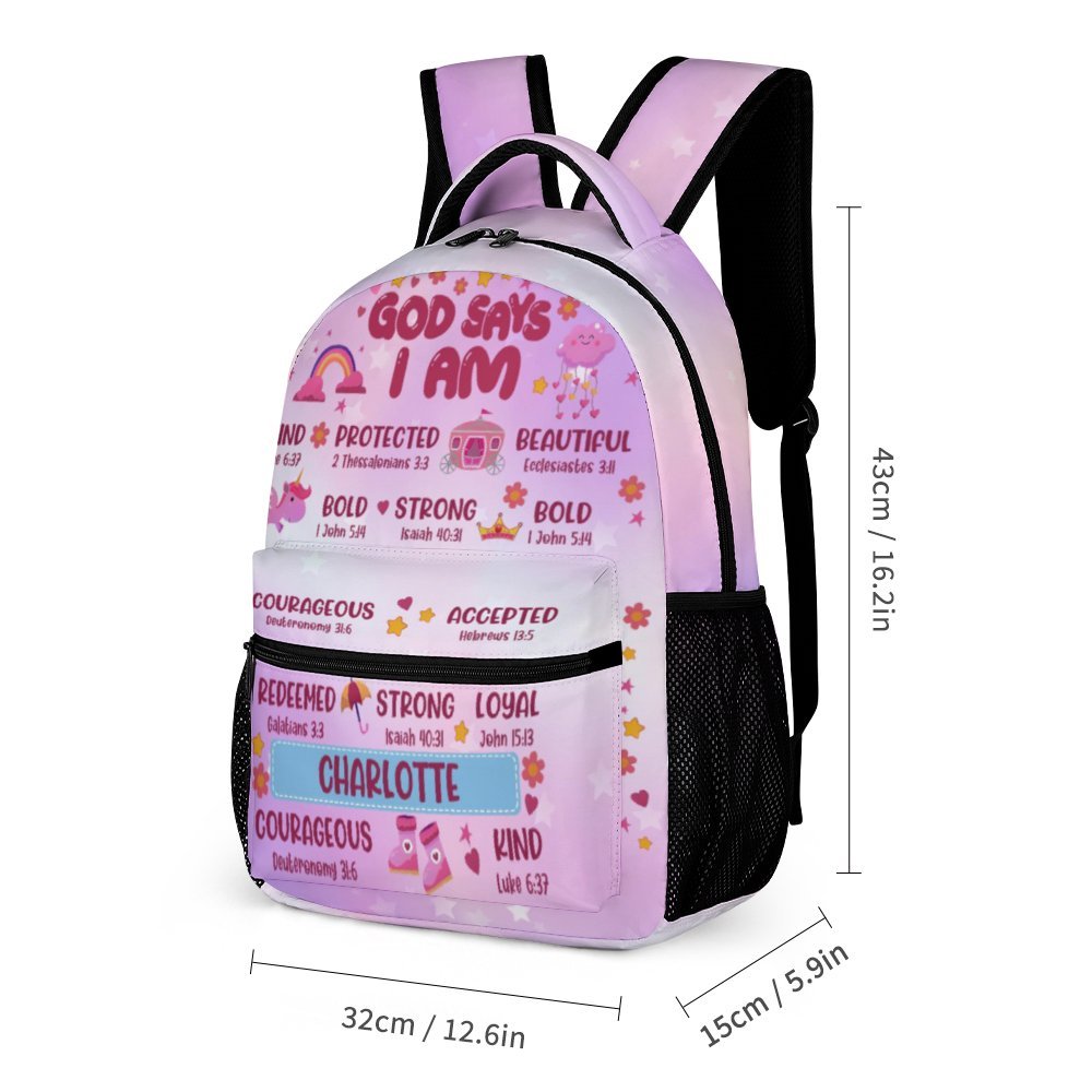 Personalized Back To School Name Backpack for Girls and Boys  God Says I Am - 