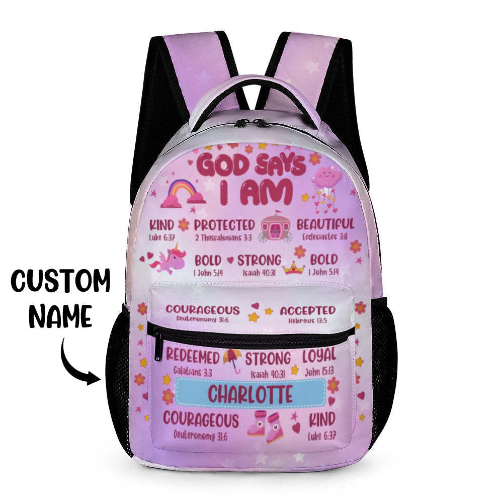Personalized Back To School Name Backpack for Girls and Boys  God Says I Am - 