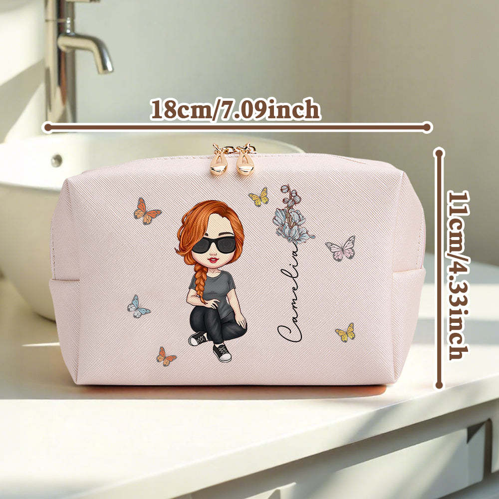 Personalized Cartoon Character Makeup Bag with Birth Flower Leather Cosmetic Bag Gift for Her -