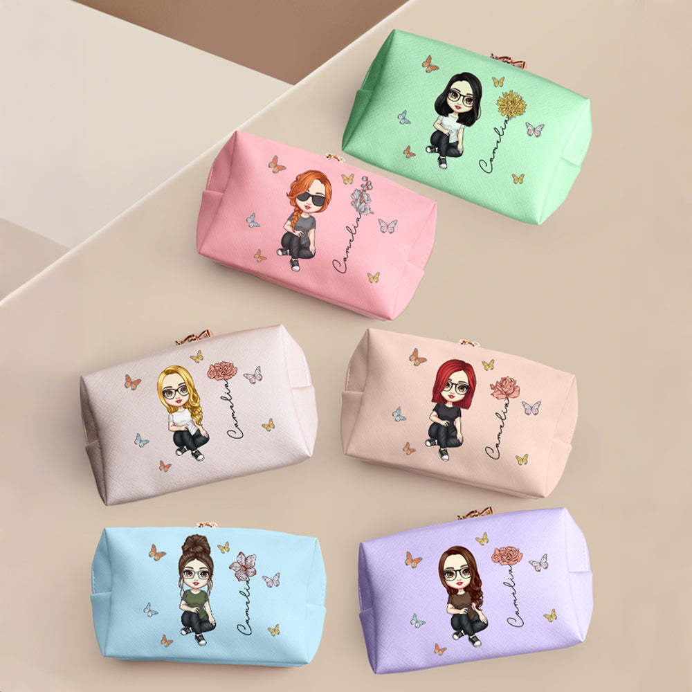 Personalized Cartoon Character Makeup Bag with Birth Flower Leather Cosmetic Bag Gift for Her -