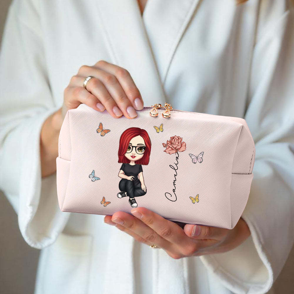 Personalized Cartoon Character Makeup Bag with Birth Flower Leather Cosmetic Bag Gift for Her -