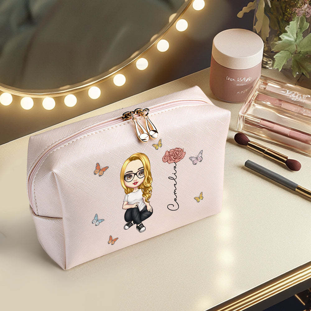 Personalized Cartoon Character Makeup Bag with Birth Flower Leather Cosmetic Bag Gift for Her -