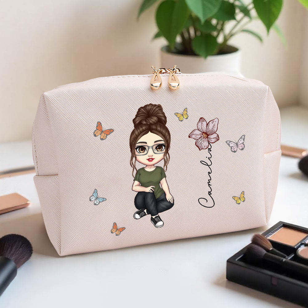 Personalized Cartoon Character Makeup Bag with Birth Flower Leather Cosmetic Bag Gift for Her -