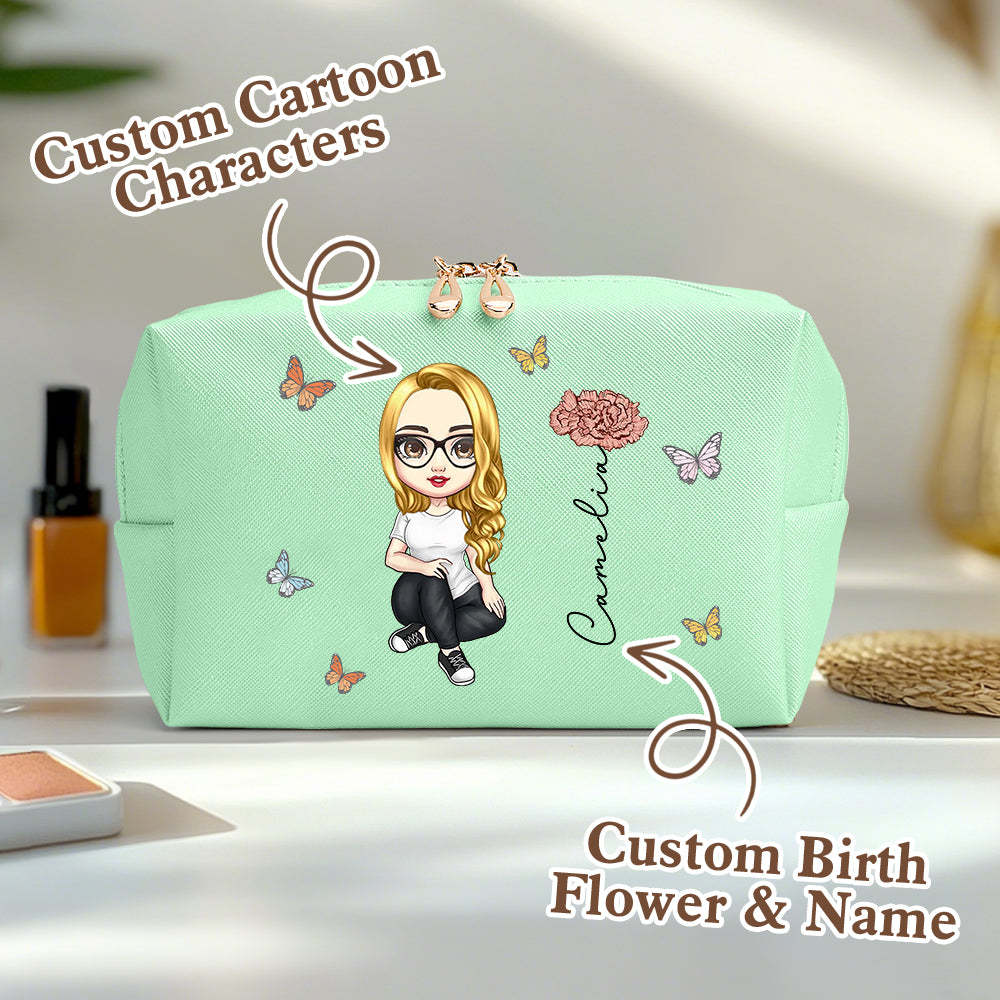 Personalized Cartoon Character Makeup Bag with Birth Flower Leather Cosmetic Bag Gift for Her -