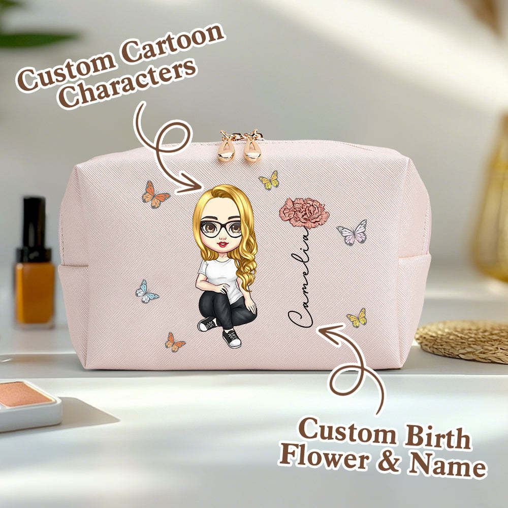 Personalized Cartoon Character Makeup Bag with Birth Flower Leather Cosmetic Bag Gift for Her -