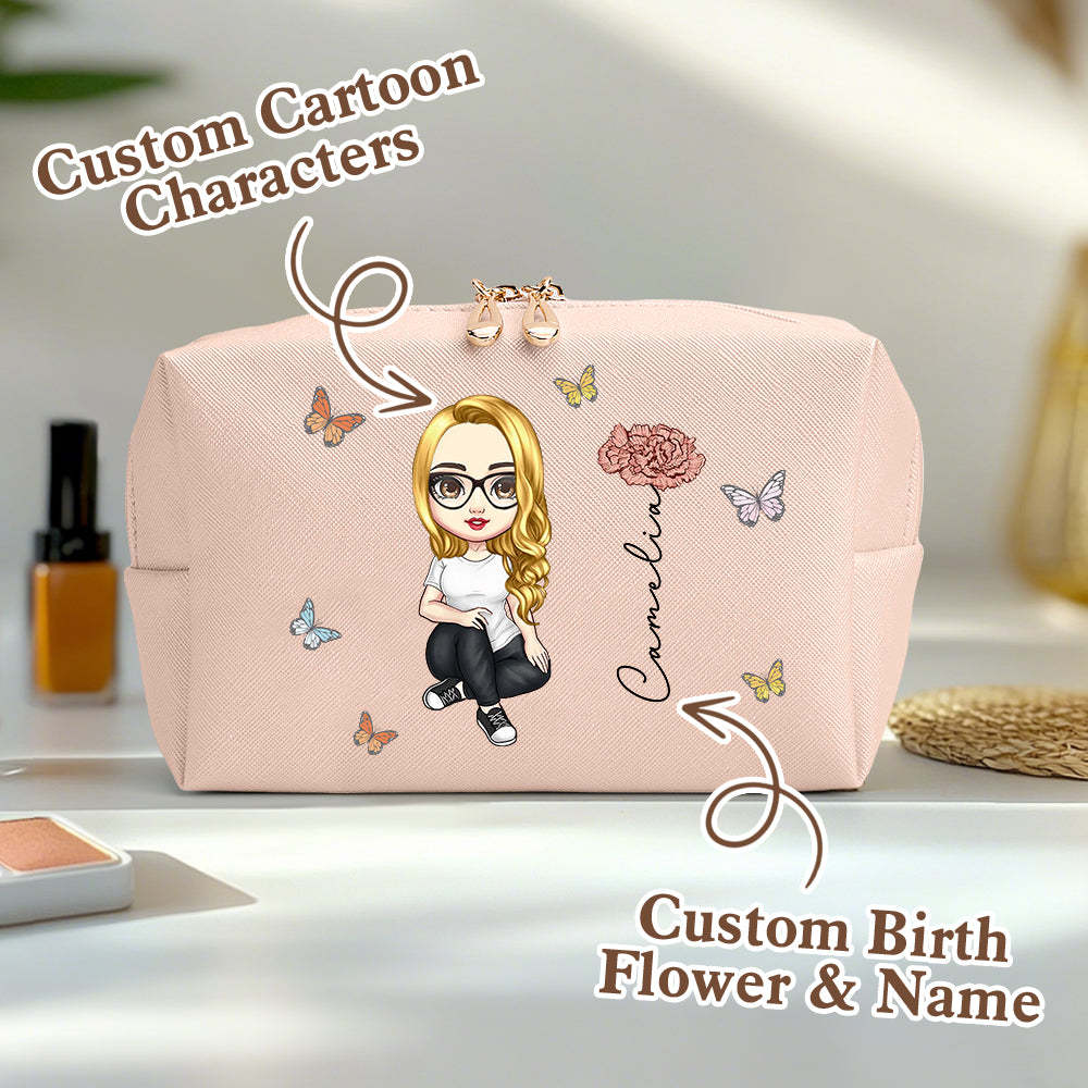 Personalized Cartoon Character Makeup Bag with Birth Flower Leather Cosmetic Bag Gift for Her -