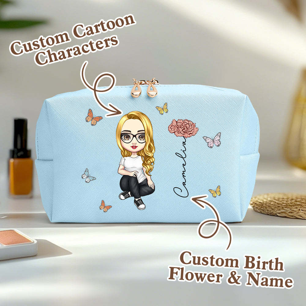 Personalized Cartoon Character Makeup Bag with Birth Flower Leather Cosmetic Bag Gift for Her -