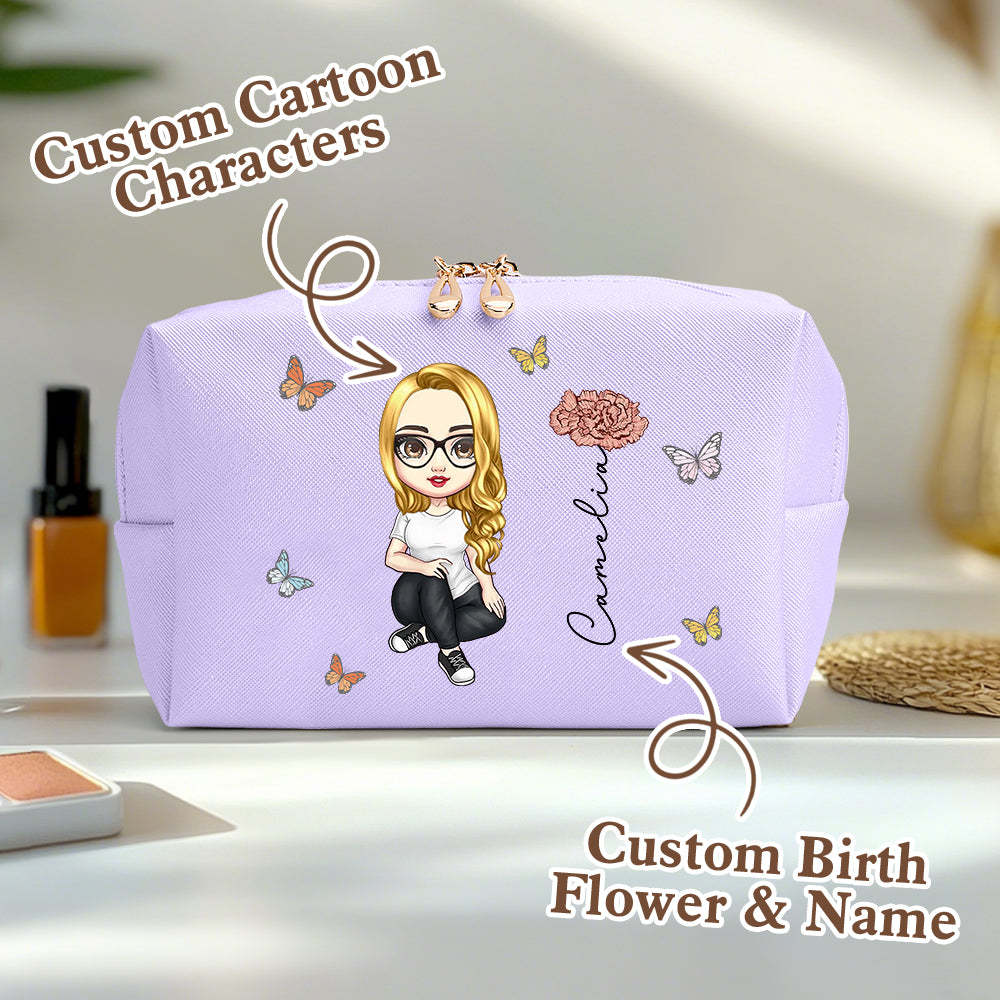 Personalized Cartoon Character Makeup Bag with Birth Flower Leather Cosmetic Bag Gift for Her -