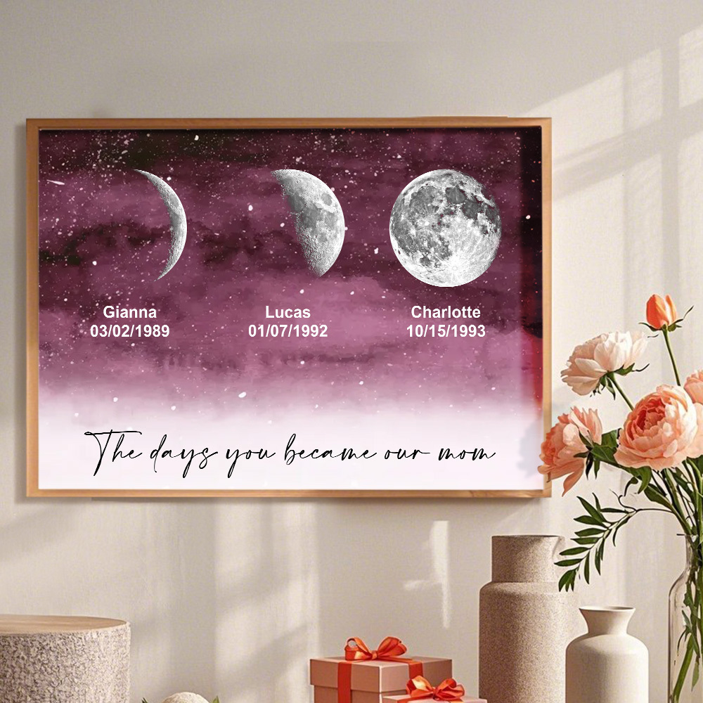 Starry Night The Day You Became Mom Birth Moon Phase Personalized Poster, A Heartfelt Gift for Mom's Birthday, Mother's Day, or Just Because
