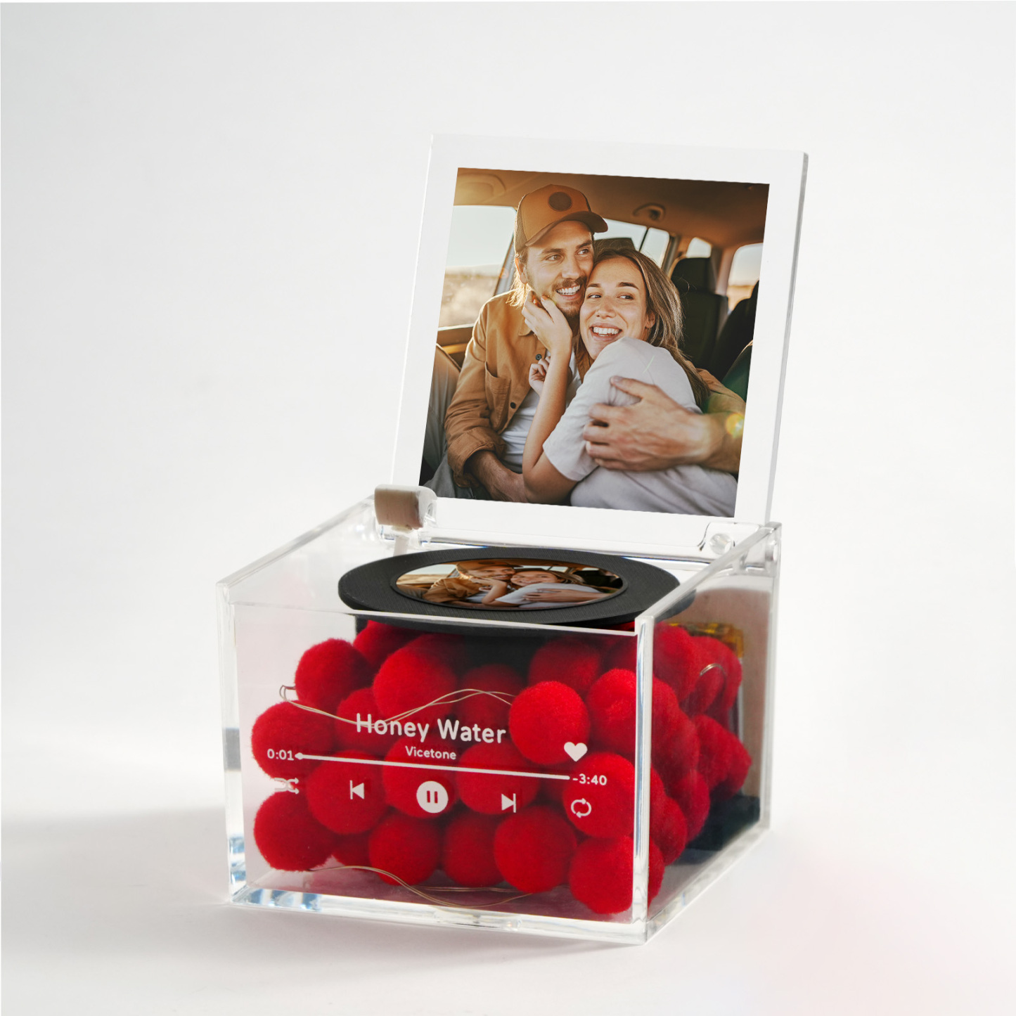Valentine's Day Mini Vinyl Record Player with Custom Photo and Light Personalized Music Acrylic Box -