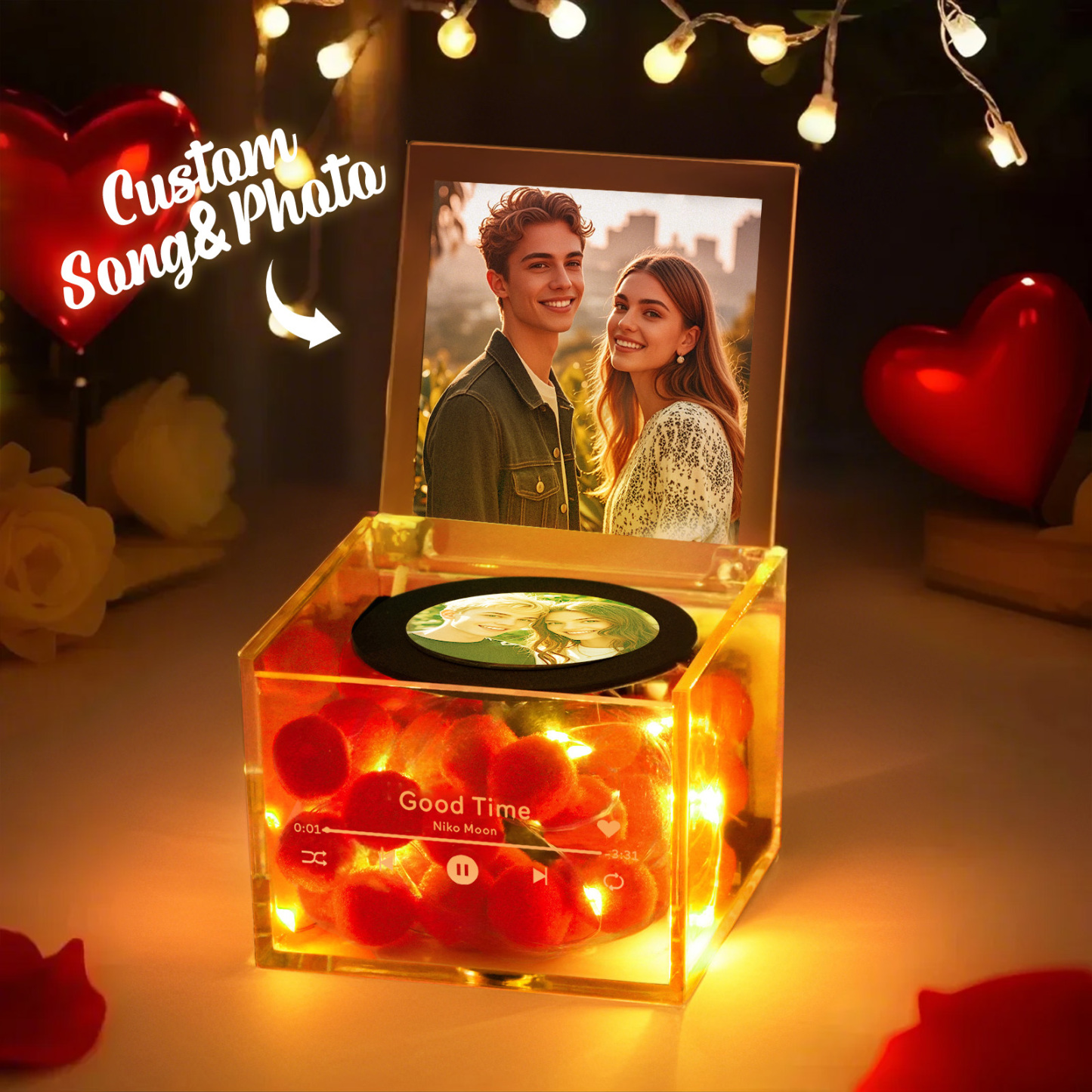 Custom Mini Vinyl Record Player with Auto-Play USB Charging Feature Photo and Romantic Warm Light -