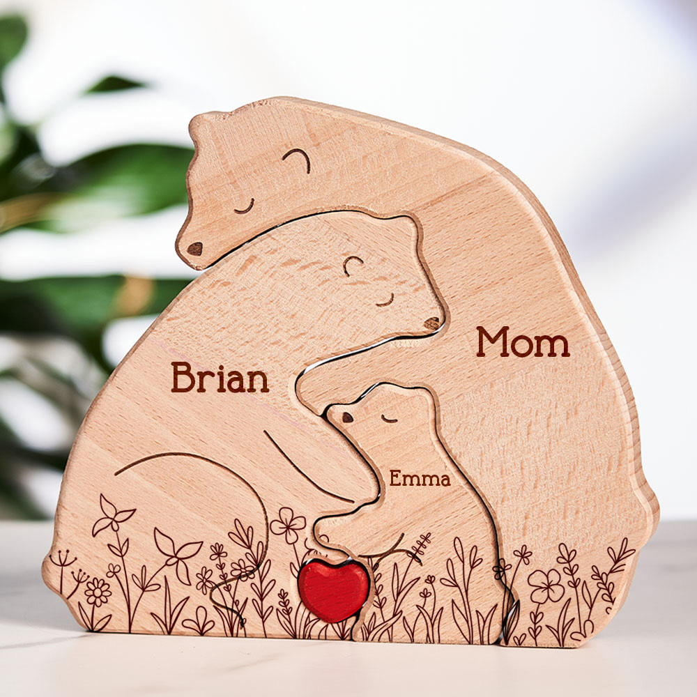 Father's Day Gifts Hugging Bear Family Floral Version - Personalised Wooden Bear Family Puzzle