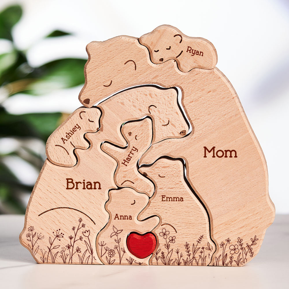 Father's Day Gifts Hugging Bear Family Floral Version - Personalised Wooden Bear Family Puzzle