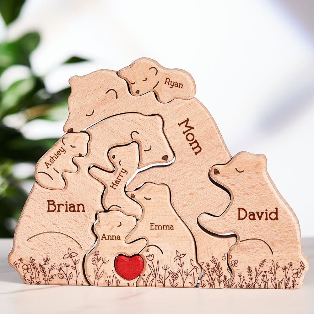 Father's Day Gifts Hugging Bear Family Floral Version - Personalised Wooden Bear Family Puzzle
