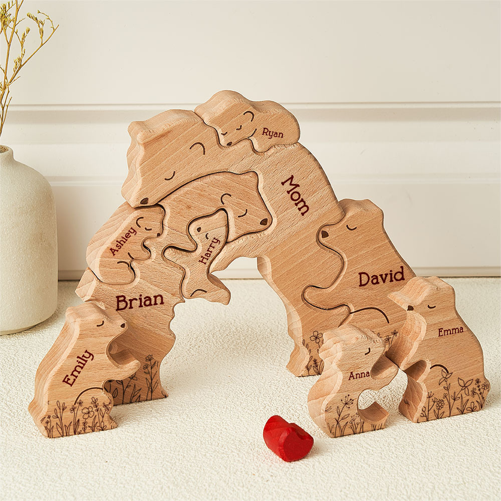 Father's Day Gifts Hugging Bear Family Floral Version - Personalised Wooden Bear Family Puzzle