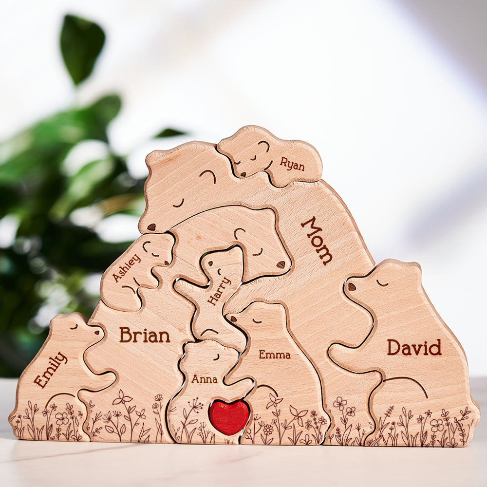 Father's Day Gifts Hugging Bear Family Floral Version - Personalised Wooden Bear Family Puzzle