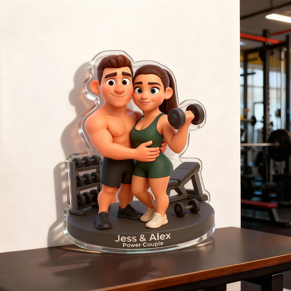 Custom Couple Fitness Themed Cartoon Style Portrait Desktop Figurine Acrylic Plaque 2D Look 3D Pop - 