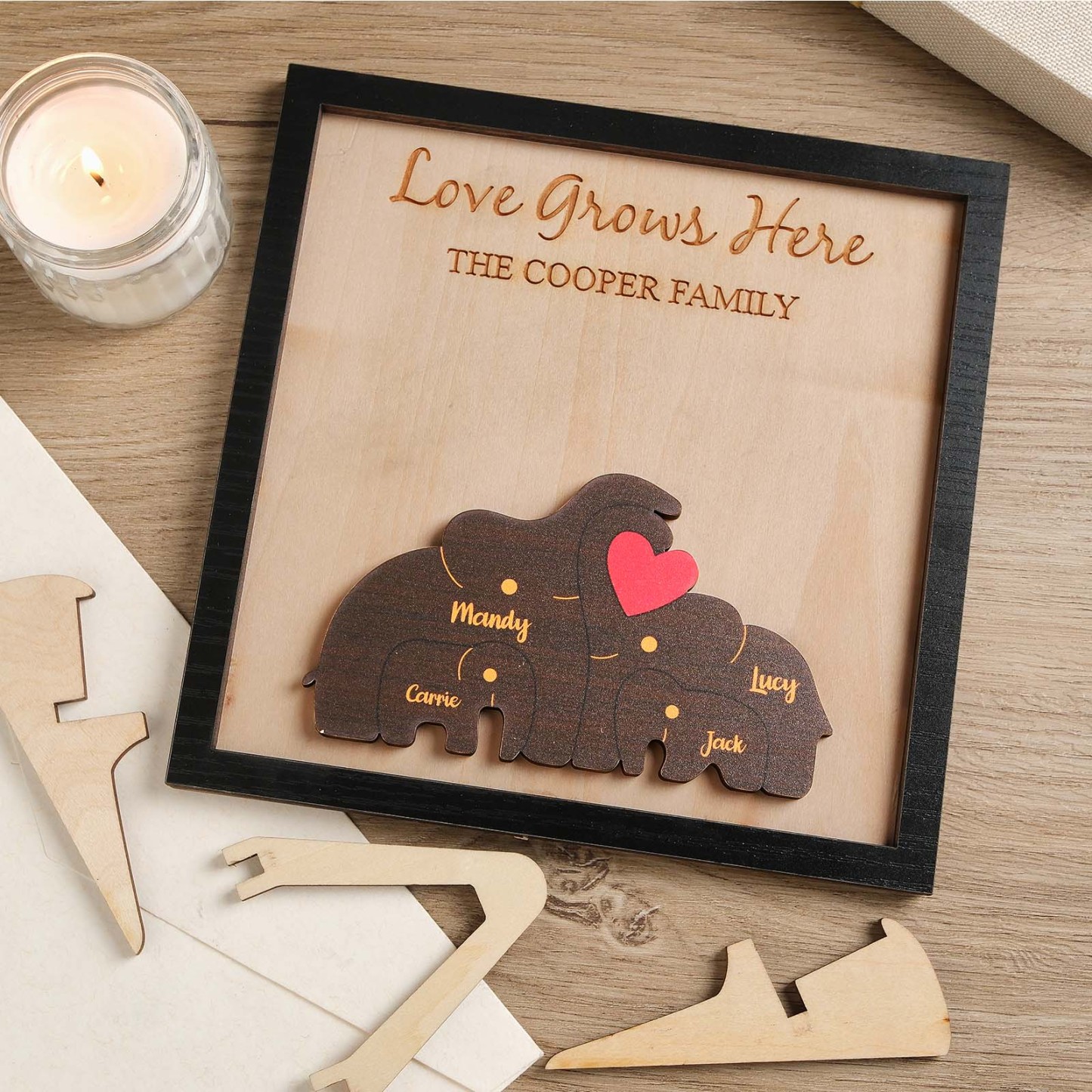 Custom Name Elephant Family Puzzle Wooden Frame Personalized Wooden Home Decorations Motther's Day Gift -